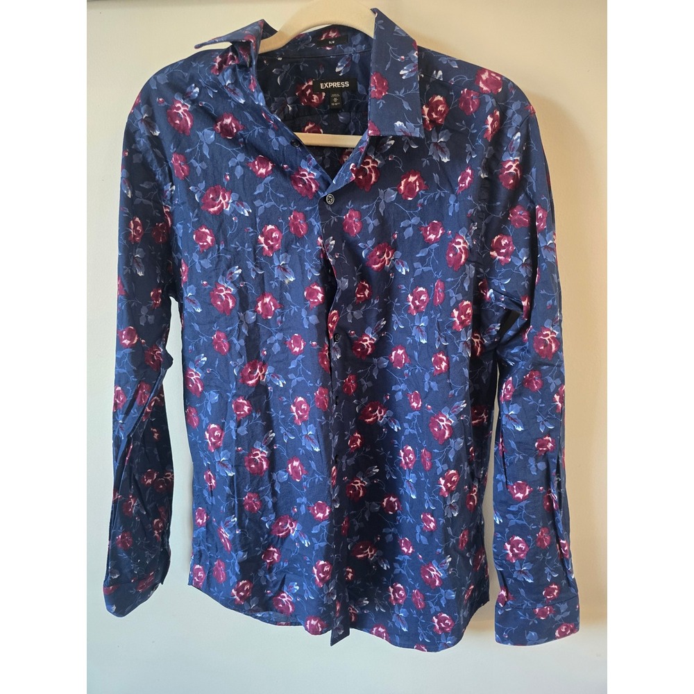 Express Men Slim Fit Floral Rose Print Button Down Shirt Blue Burgundy Medium